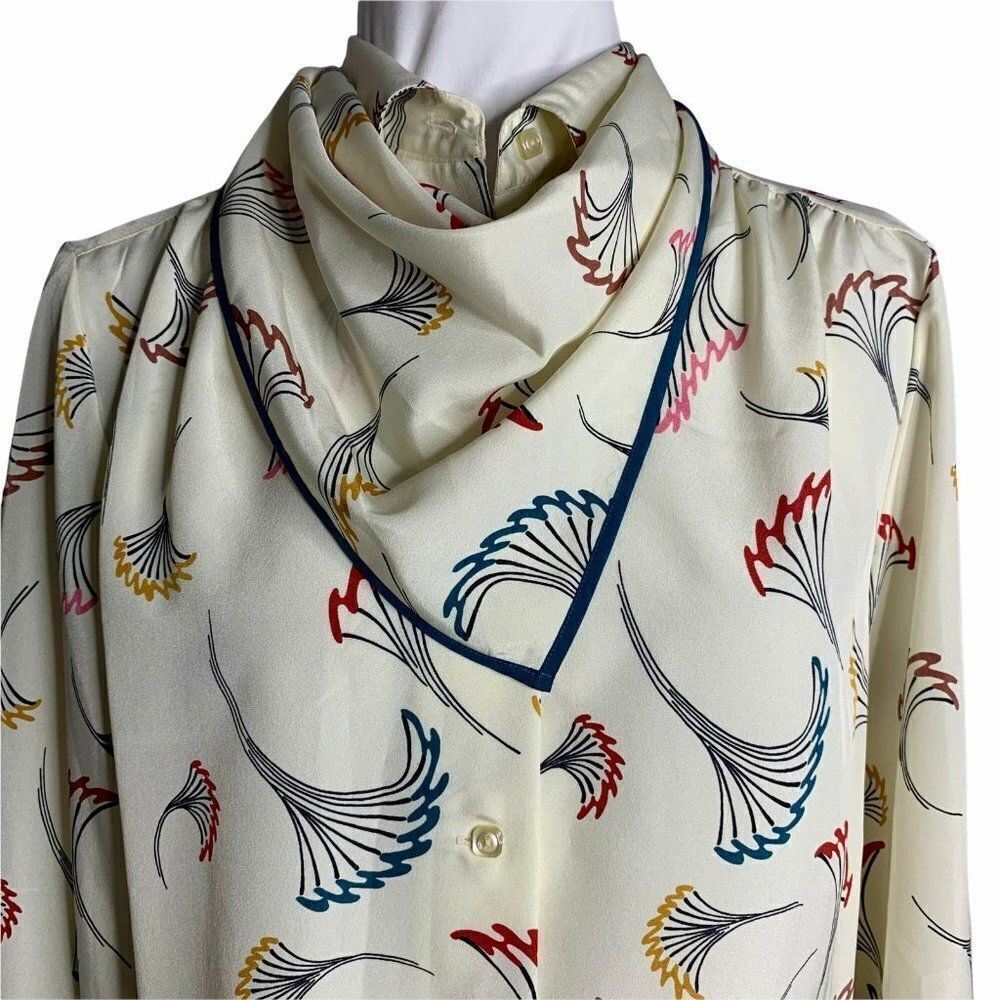 Vintage Floral Secretary Blouse M Cream Button Down Long Sleeve Triangle Scarf